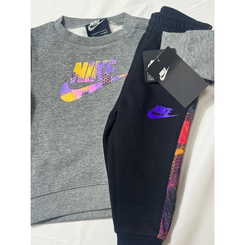 NWT 2pc Nike Carbon Heather Gray Sweatshirt & Black 2pc Joggers Set sz 12 Months